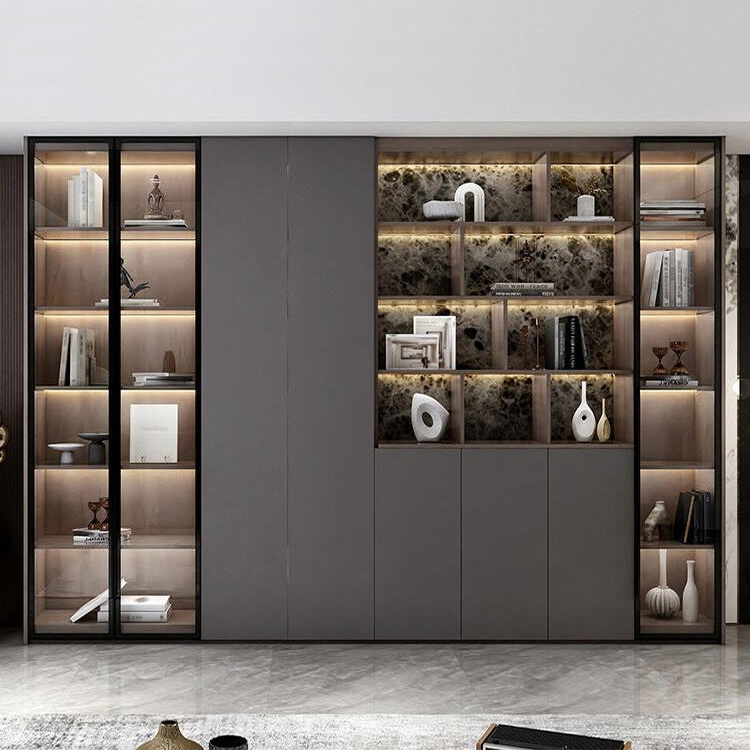 Modern Large Book Cabinet Tall Black Wood Bookcase With Glass Doors