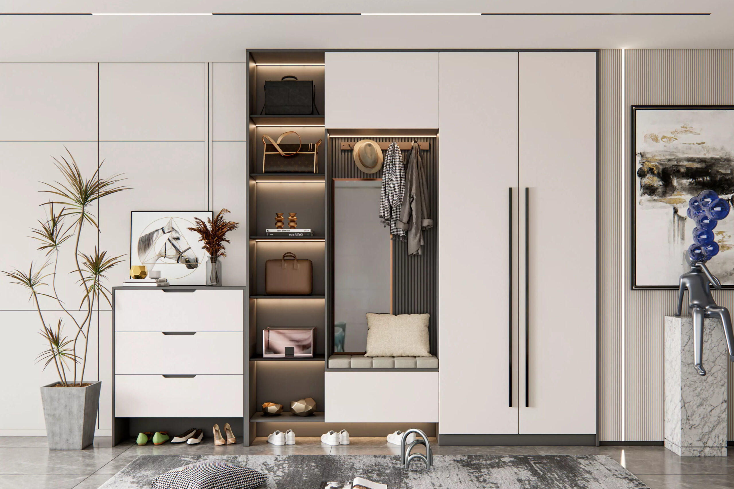 Custom Modern Tall Entryway Console Built In Cupboard Cabinet With Coat And Shoe Storage