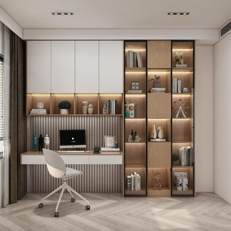 Custom Modern Bedside White Book Shelf Cabinet Wall Bookcase With Study Table