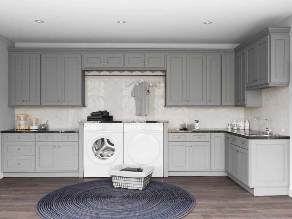 Custom Modern Laundry Room Built In Gray Storage Cupboard Washer Dryer Cabinet