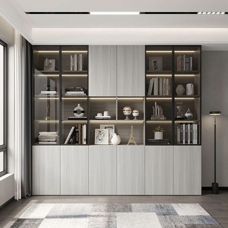 Modern Plywood Bookcase Grey Book Shelf File Cabinet MDF Bookshelf With Doors